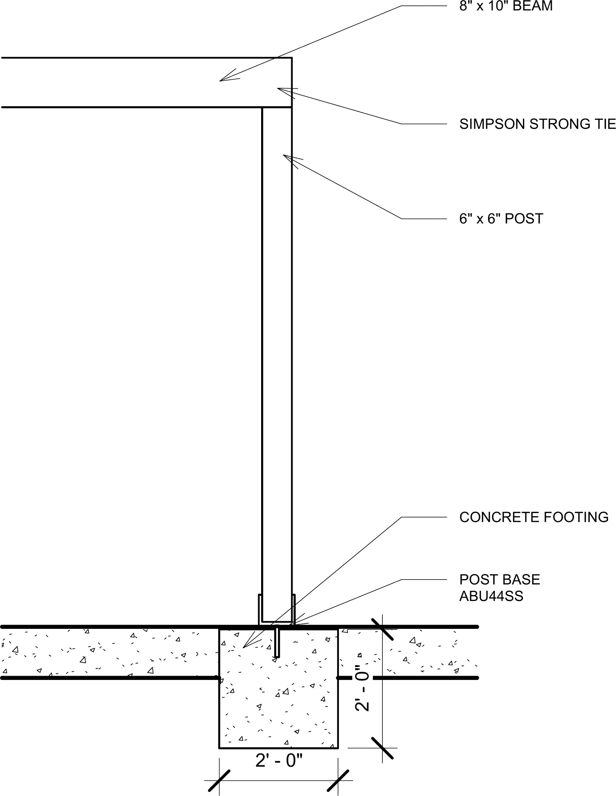 Porch post detail — 8x10 beam on a 6x6 post with a Simpson Strong-Tie, ABU44SS post base on a concrete footing