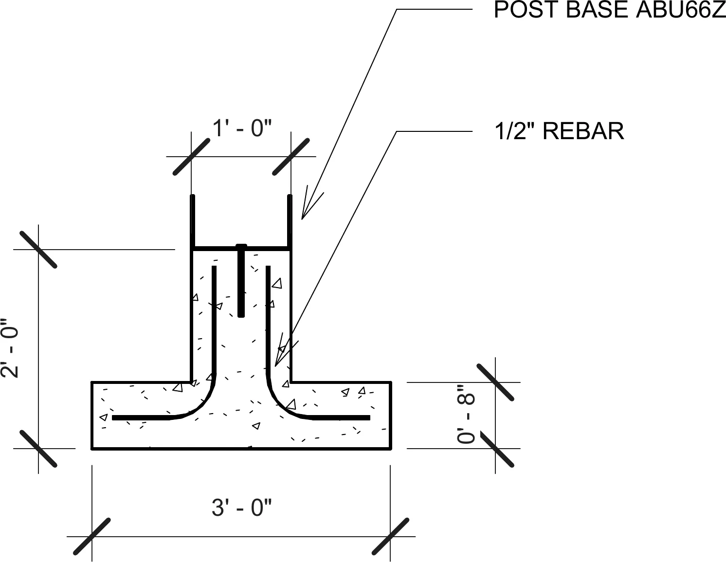 Post-base detail — ABU66Z post base with half-inch rebar hooked through the concrete pier