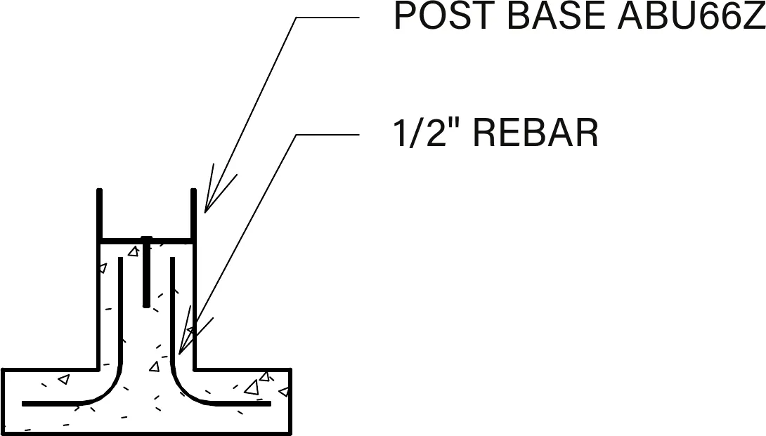 Post-base detail — ABU66Z post base with half-inch rebar hooked through the concrete pier