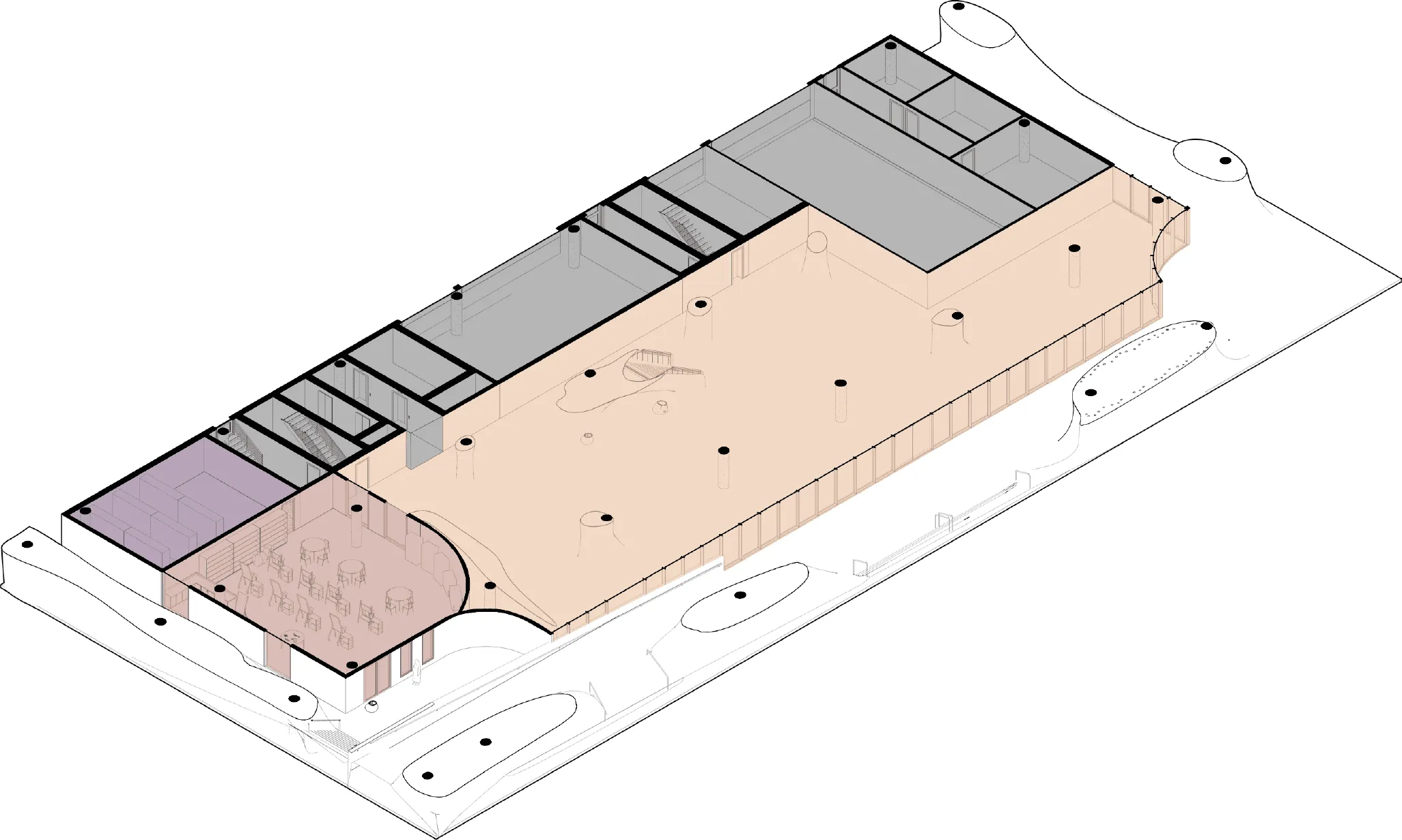 Axonometric program plan of floor one — gallery and maker space at the base
