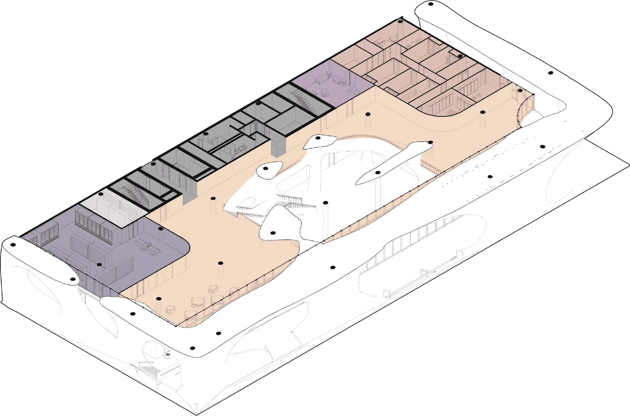 Axonometric program plan of floor two — store, spa, and spa lobby around the gallery void