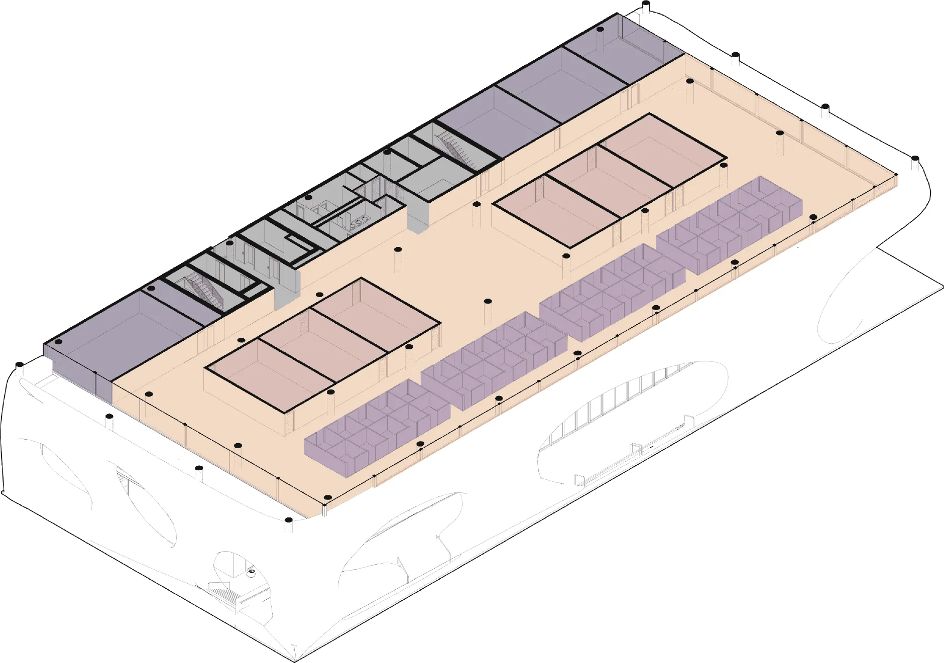 Axonometric program plan of floor three — open-plan offices, cubicles, and conference rooms