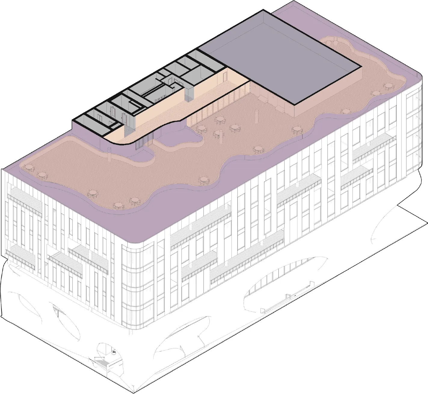 Axonometric program plan of the rooftop — public space, green space, and outdoor seating