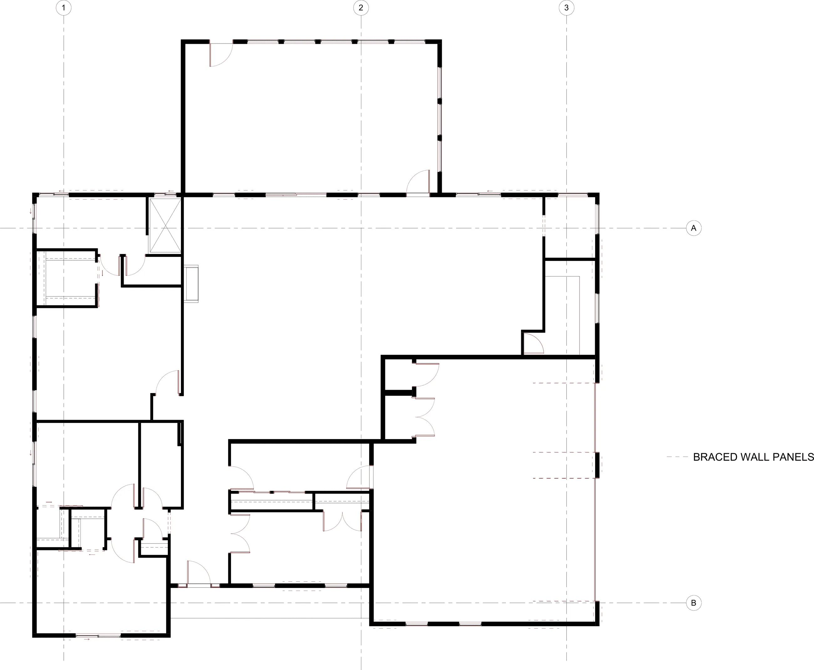 Braced wall plan with panels marked as a dashed oxblood overlay