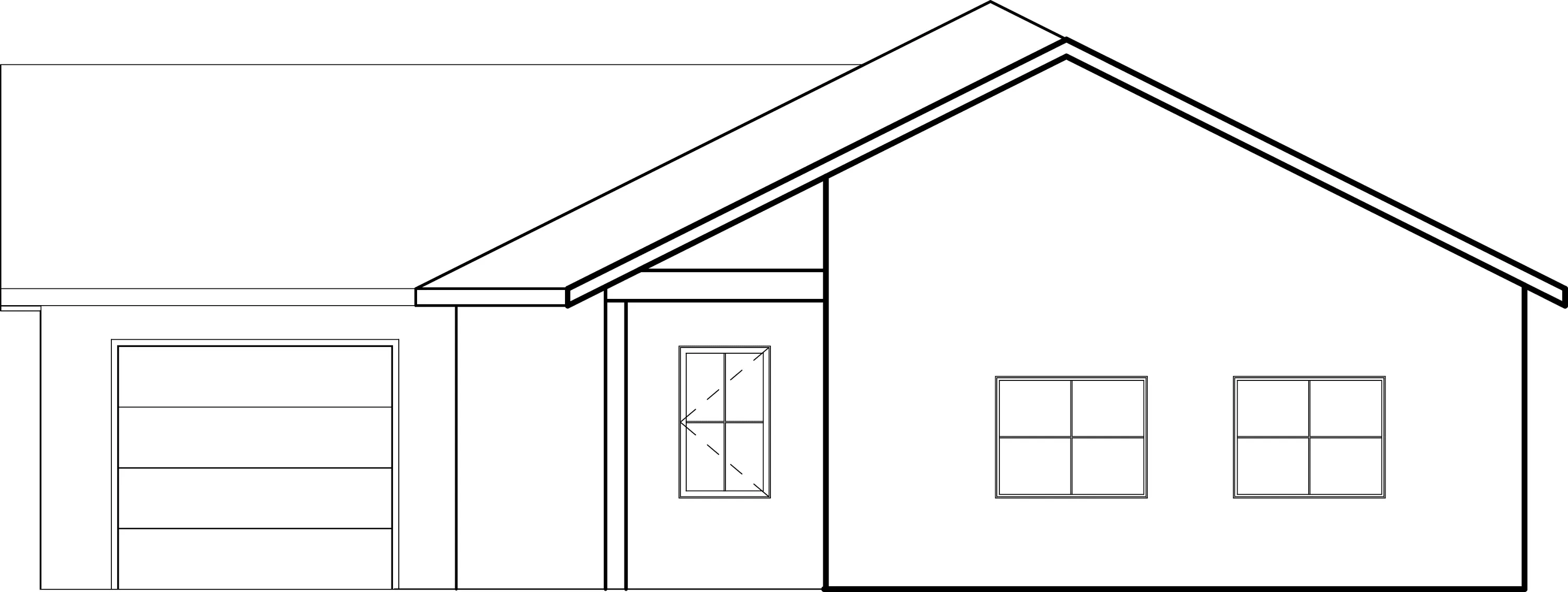 North elevation — garage door, entry porch, and the two window bays under the crossing gables