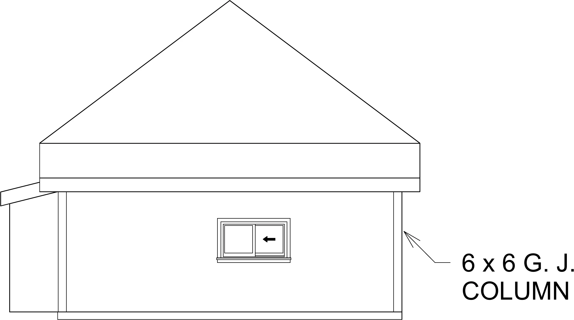 Gable-end elevation — the existing garage gable with the carport roof arriving at a 6×6 column