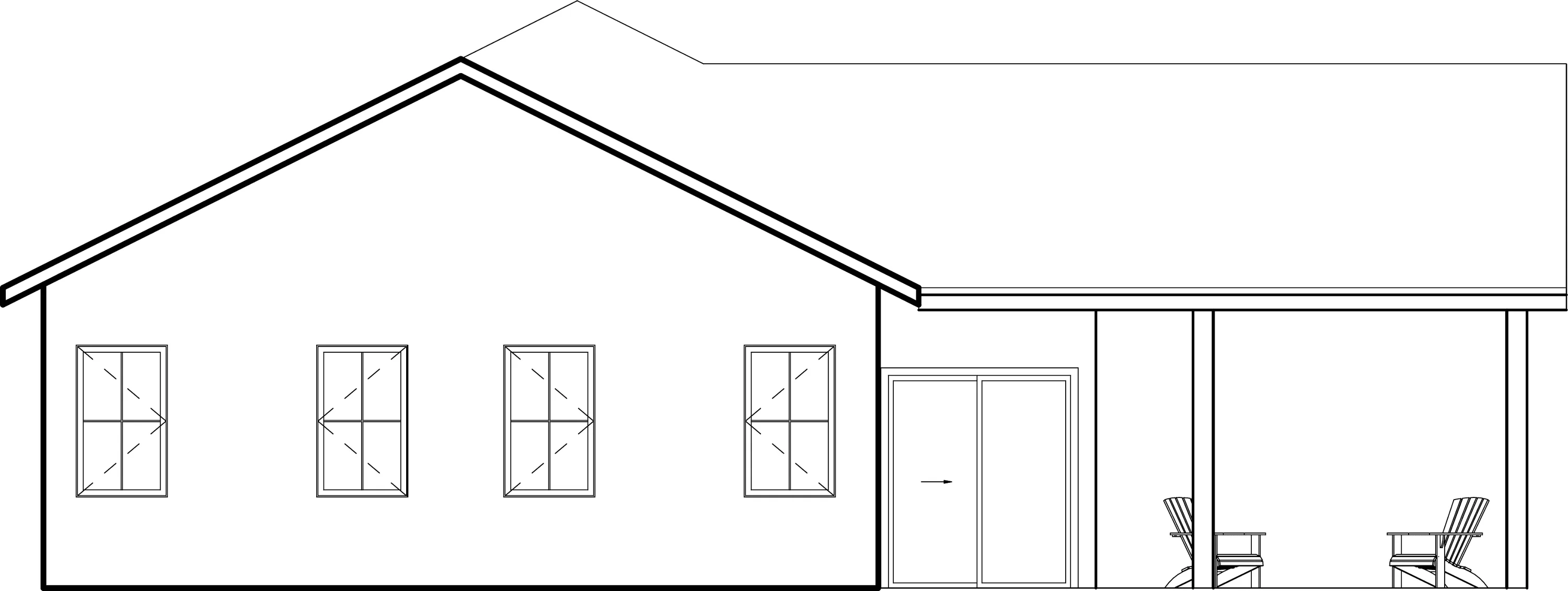 South elevation — four windows, double doors, and the covered patio at the end