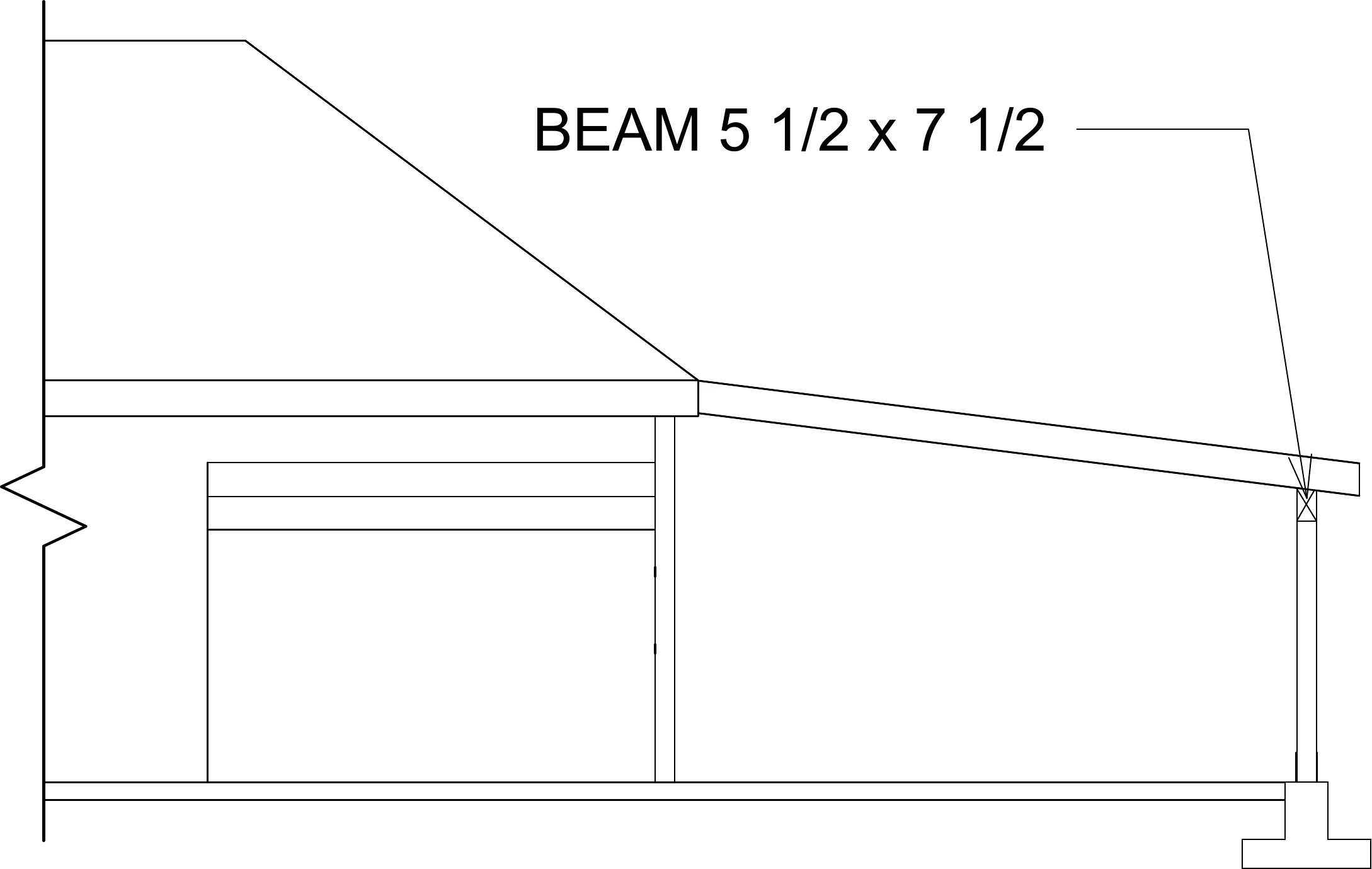 Side elevation — the 5½×7½ glulam beam carrying the shed roof off the existing house