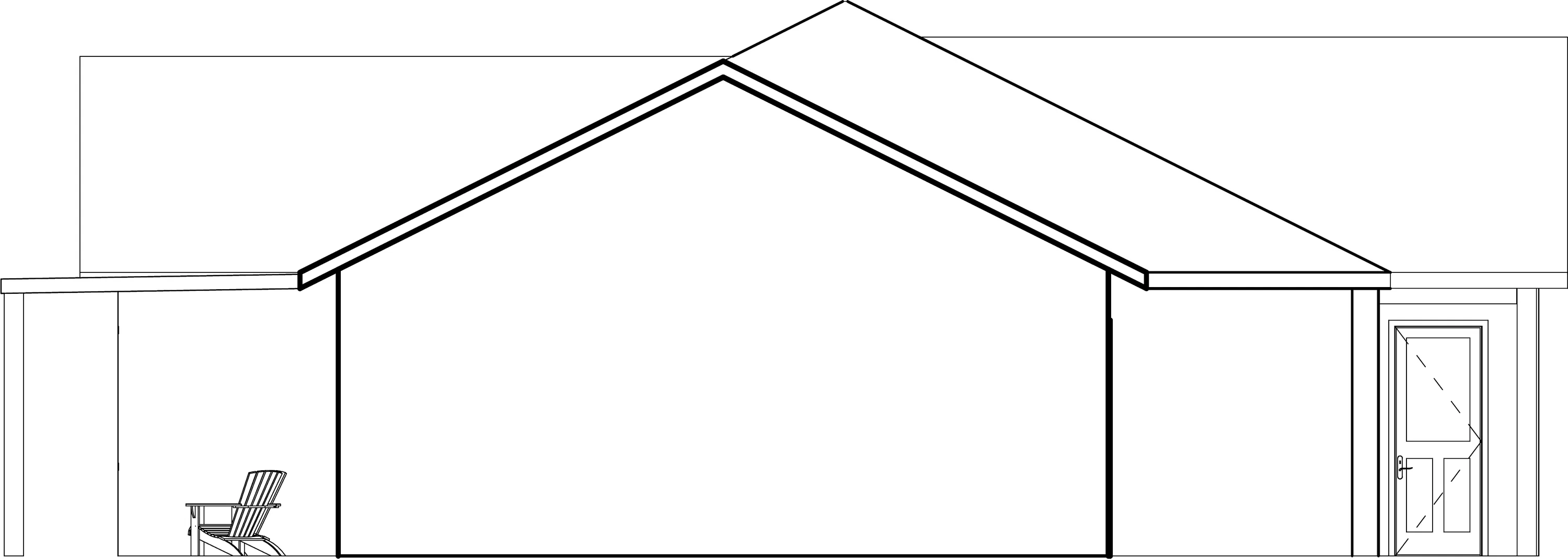 East elevation — the covered patio roof running off one end, the garage side door at the other