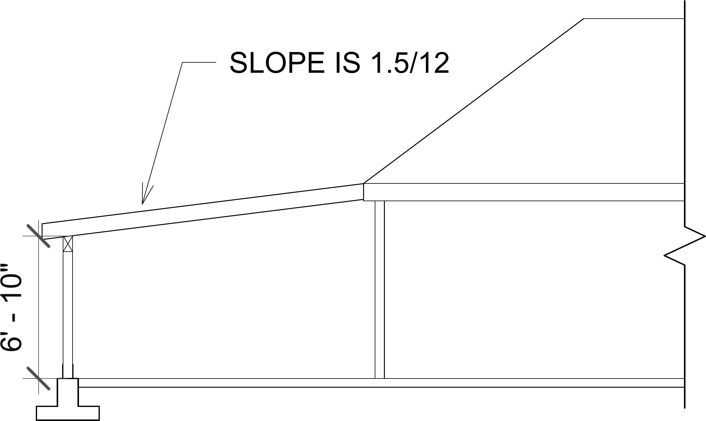 Opposite side elevation — the roof sloping at one-and-a-half in twelve, held six-foot-ten clear