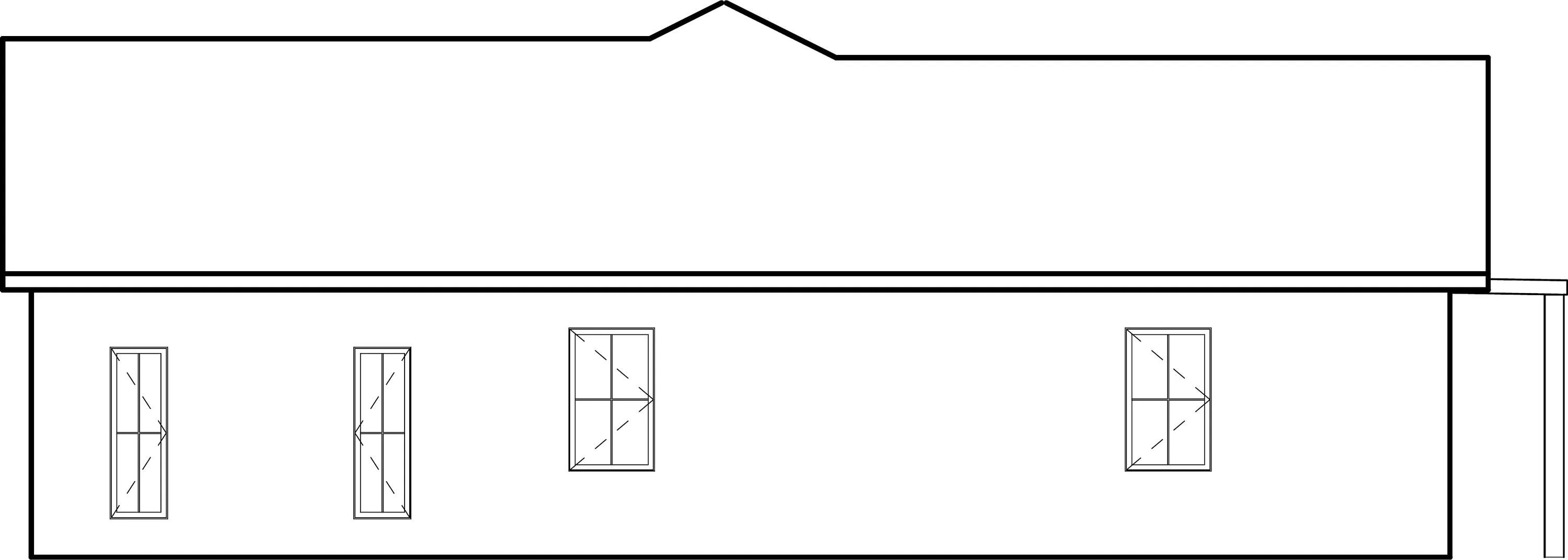 West elevation — four windows under the long roof