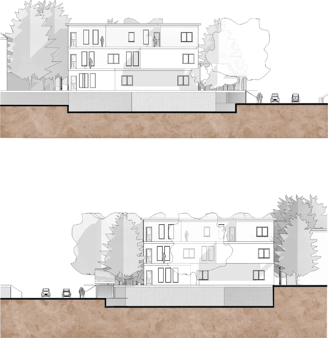 Street elevations of the two volumes