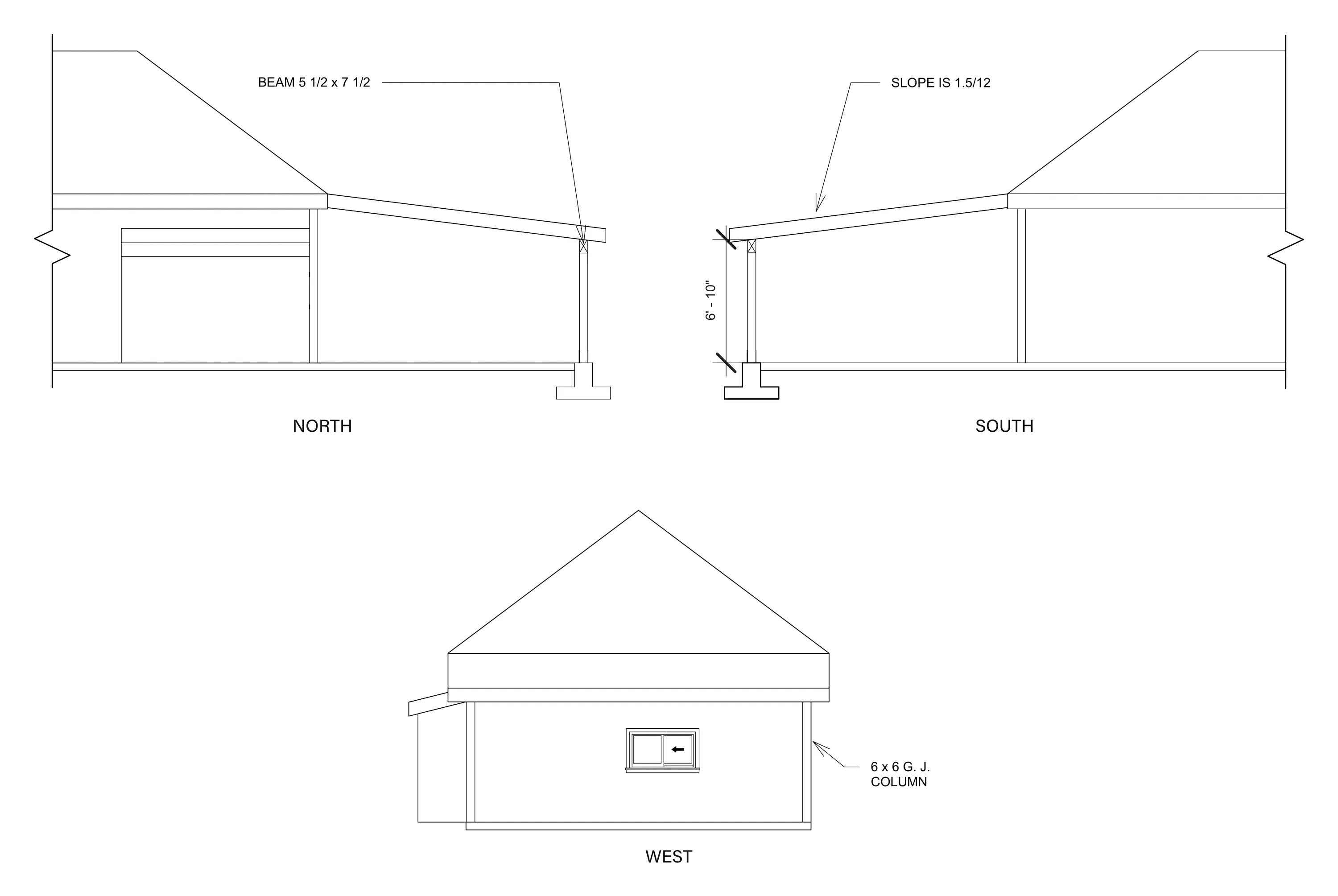 North, south and west elevations of the carport at one scale — the shed roof leaving the garage, the slope and clear height, and the gable end with the 6×6 column