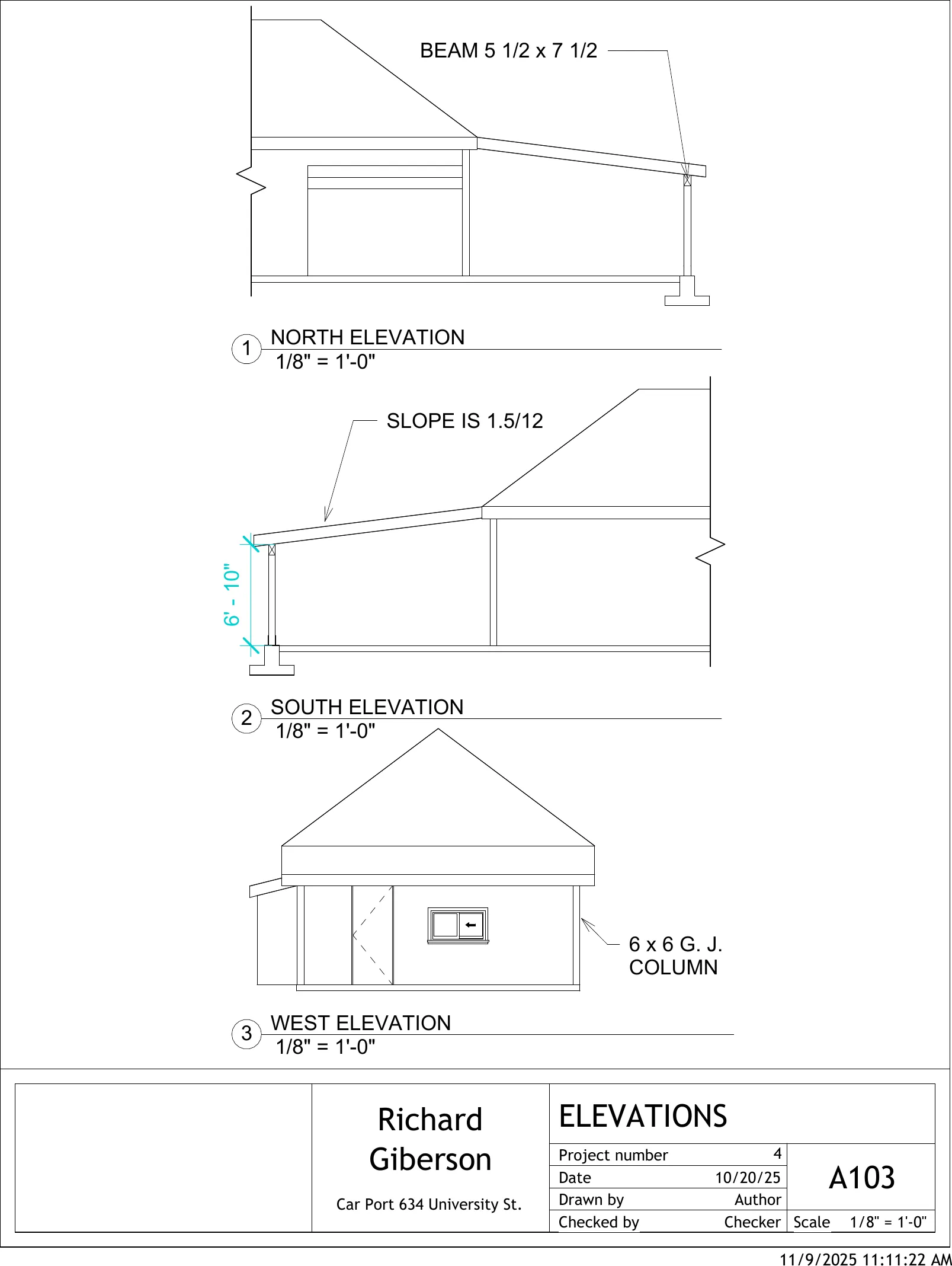 Sheet A103 — north, south, and west elevations