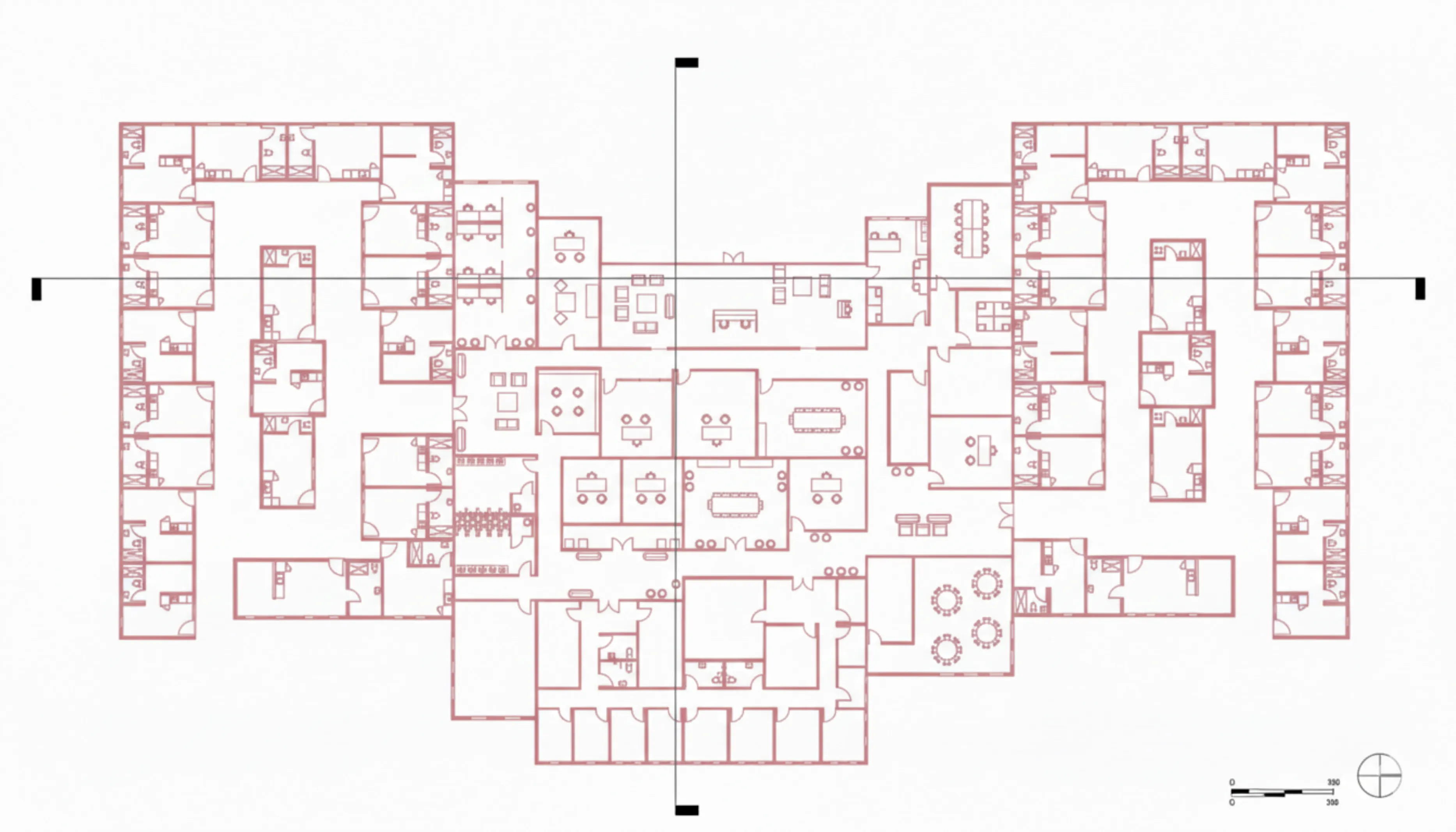 Floor plan — apartments at the perimeter, services at the core