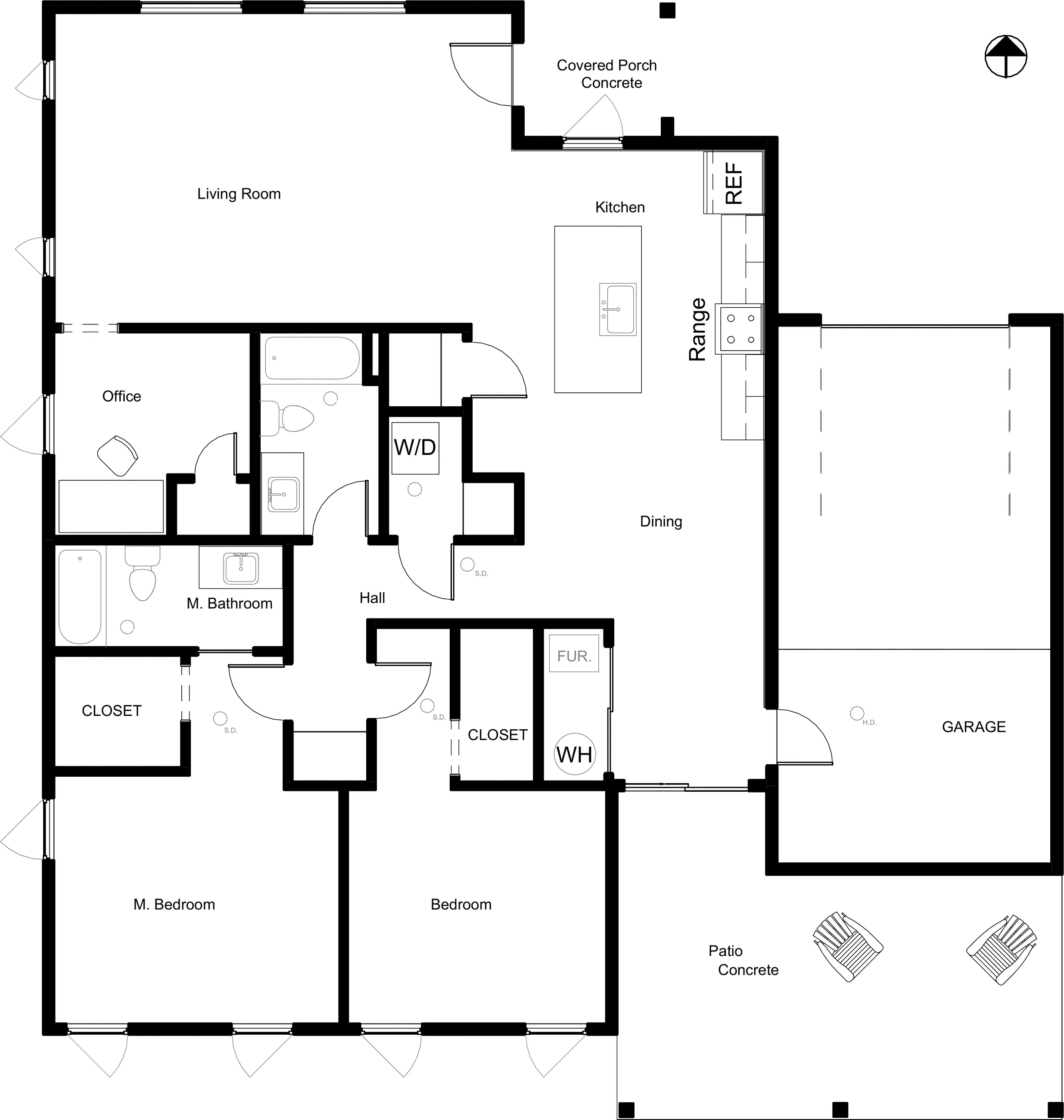 Floor plan — living room, office, and open kitchen–dining across the front, two bedrooms behind, garage to the side