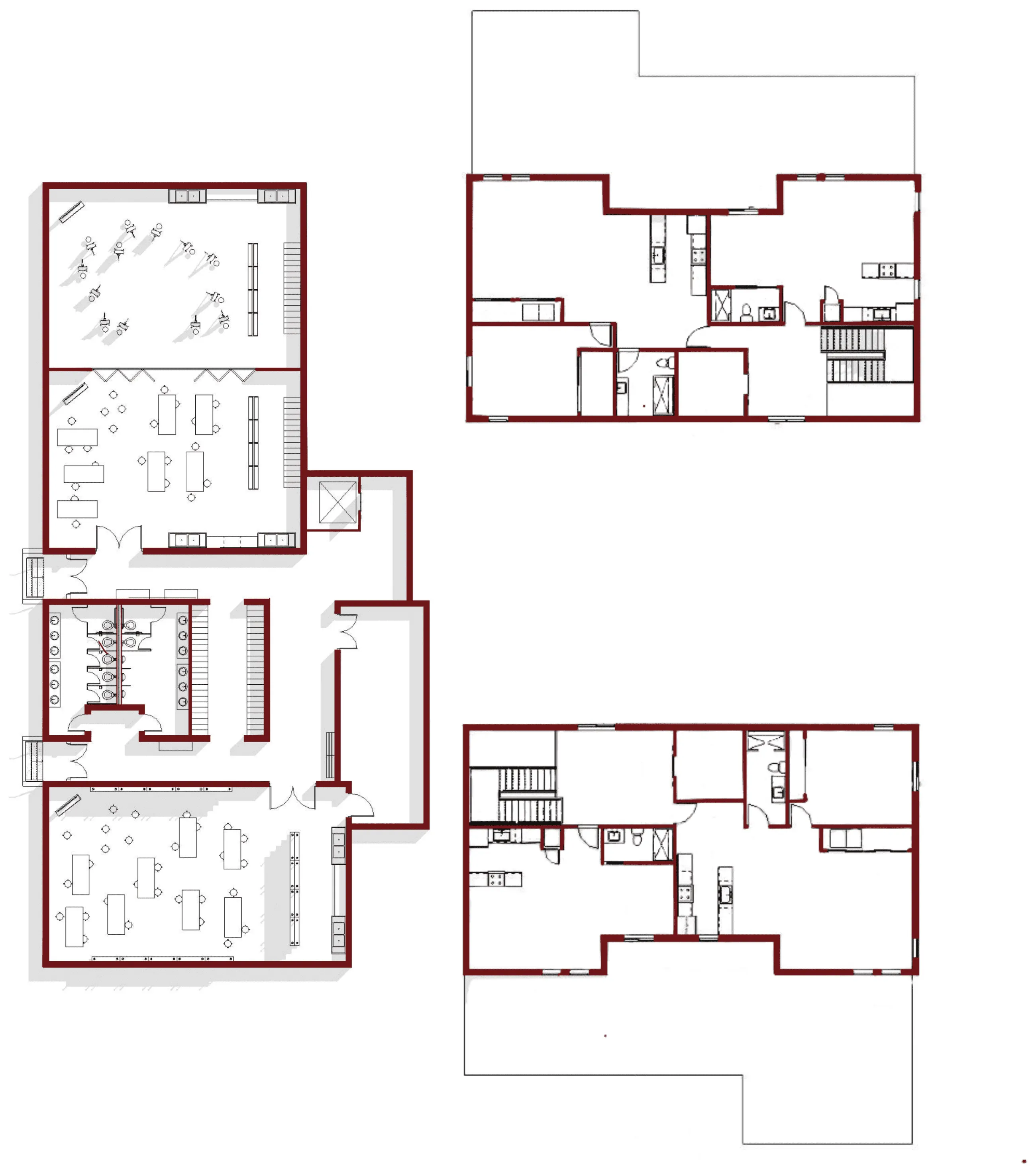 Ground floor and third floor of Timber Way at the same scale — public rooms below, two dwellings around the core above