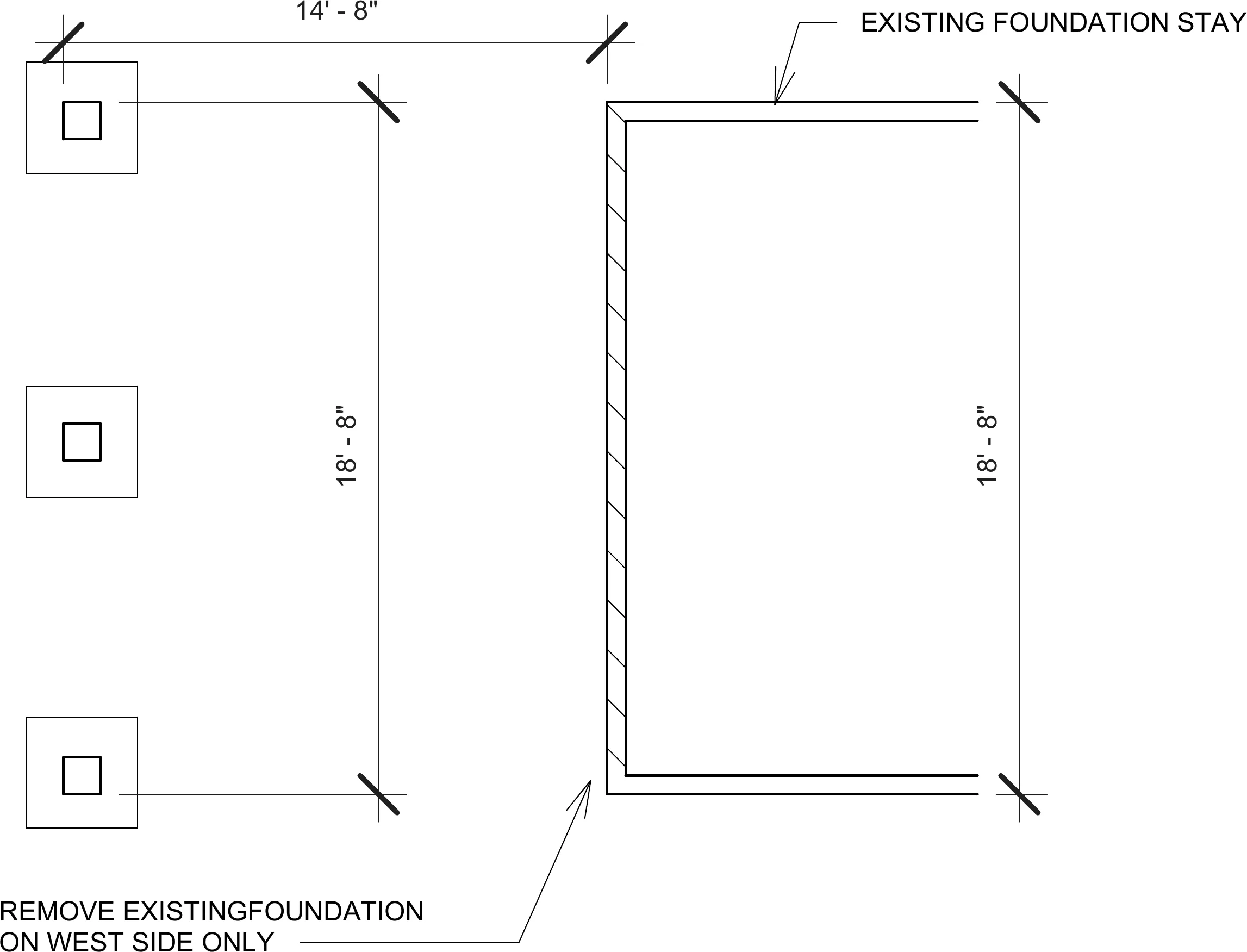 Foundation plan — three new piers beside the existing garage foundation