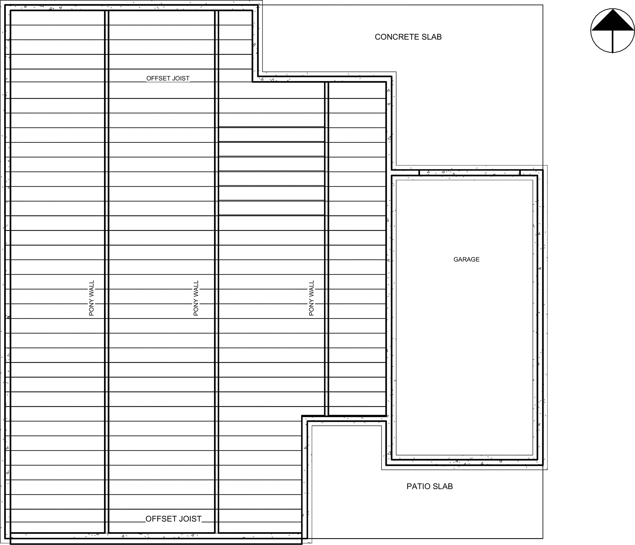 Floor framing plan — joists on sixteen-inch centers over three pony walls, the garage and patio slabs beside