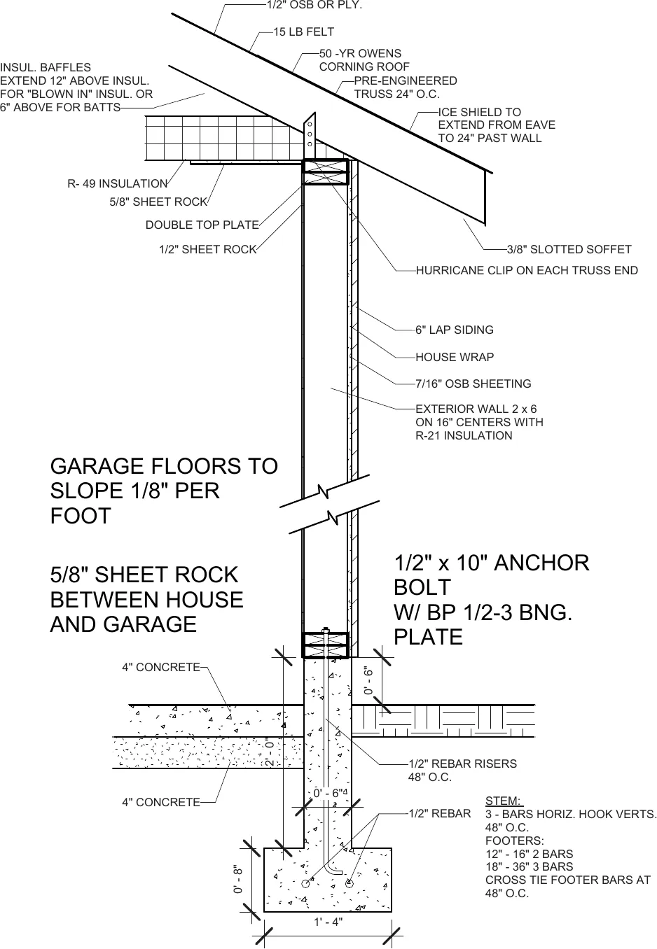 Garage wall section from footing to roof — slab on grade, sheetrock between house and garage, anchor bolt at the sill