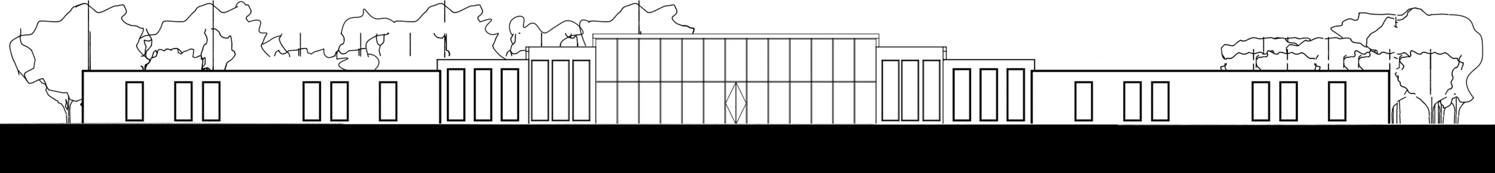 North elevation — the long low building under its tree line, the glass entry at center