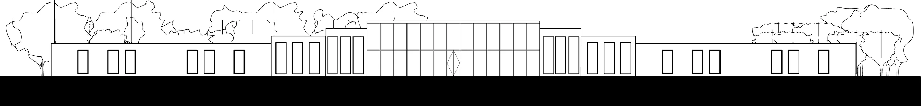 North elevation — the long low building under its tree line, the glass entry at center