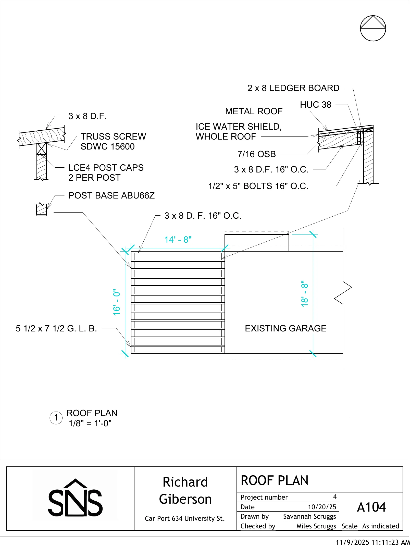 Carport — roof plan sheet from the construction document set