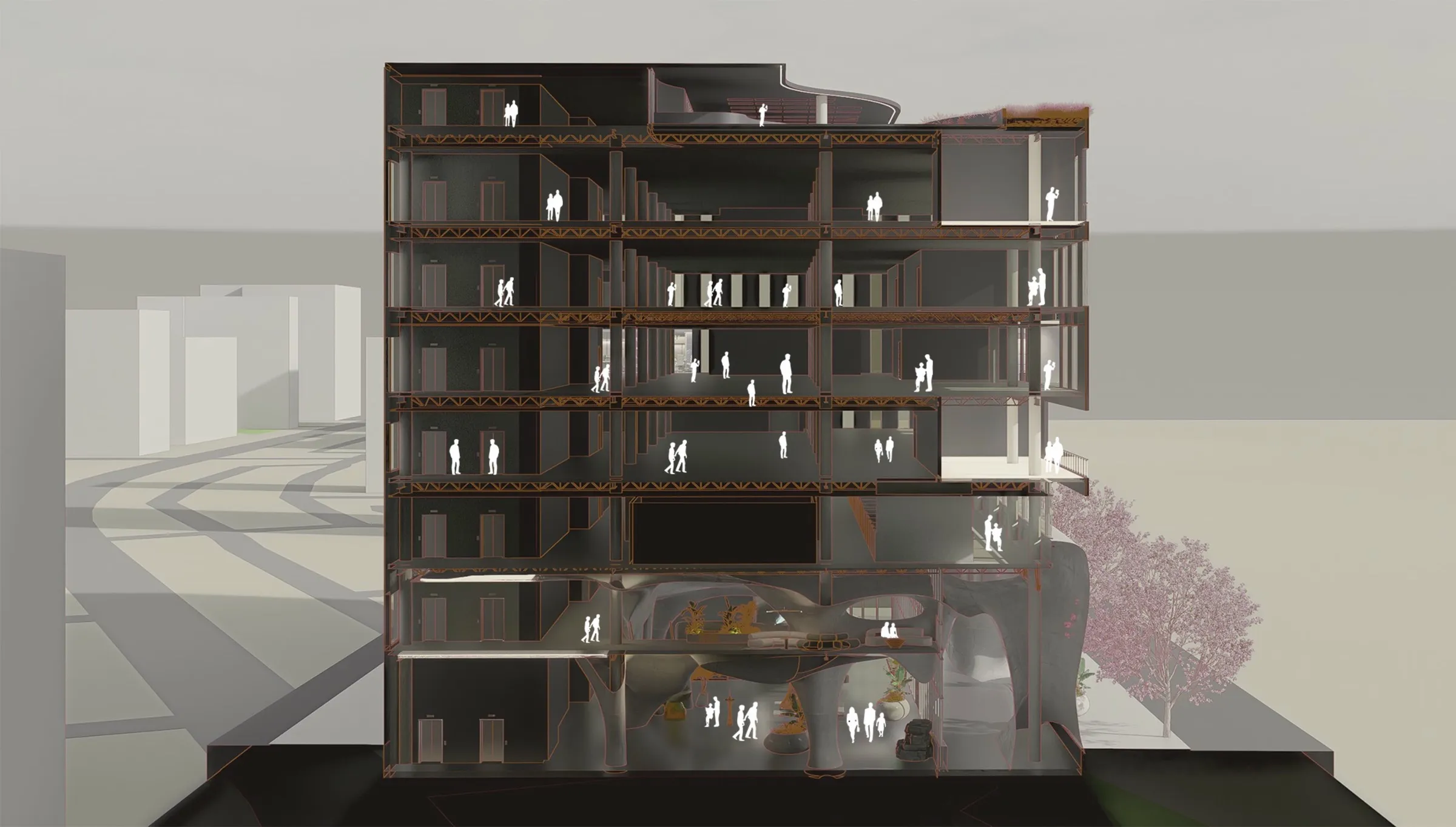 Building section through the public base, office floors, and rooftop