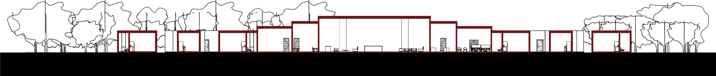 Long building section through the stepped ceiling heights
