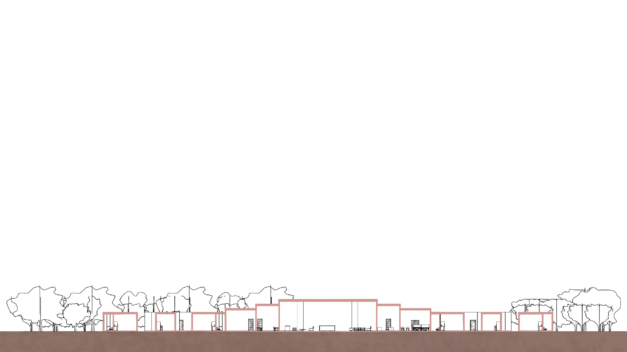 Long building section through the stepped ceiling heights