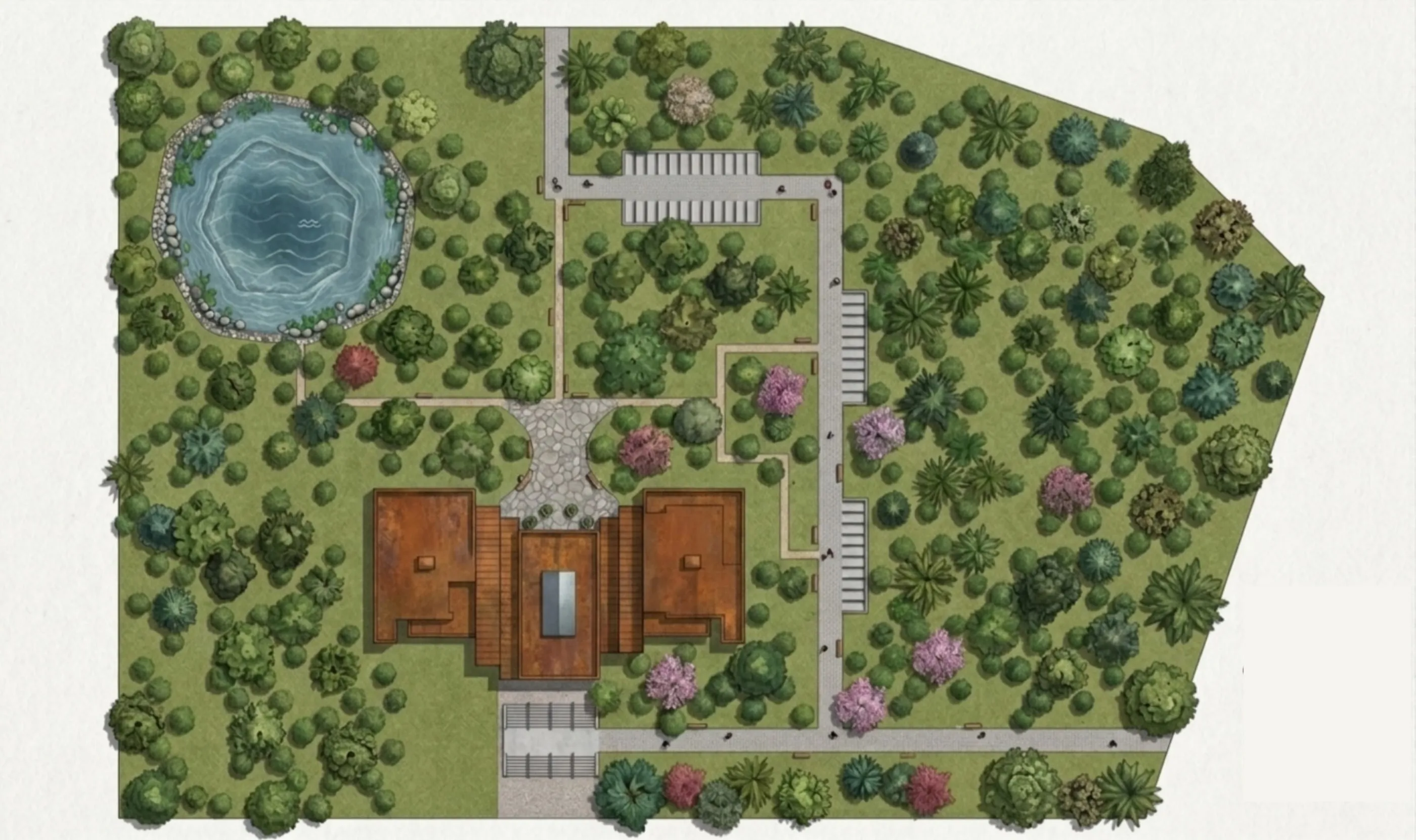 Rendered site plan — the corten-roofed building among trees, with a pond, gathering paths, and parking