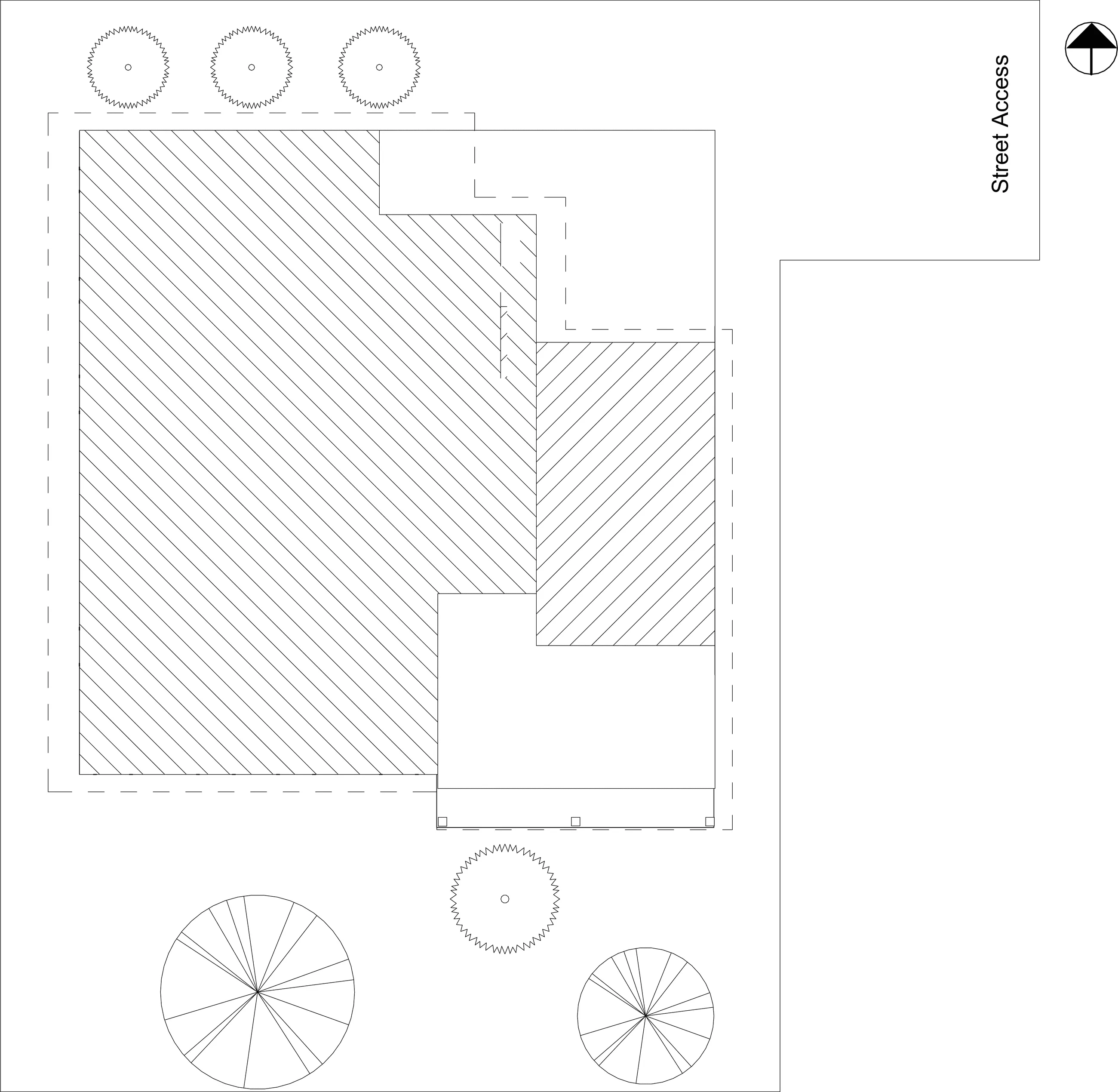 Site plan — the house and garage hatched within the setback lines, street access at the corner, existing trees kept