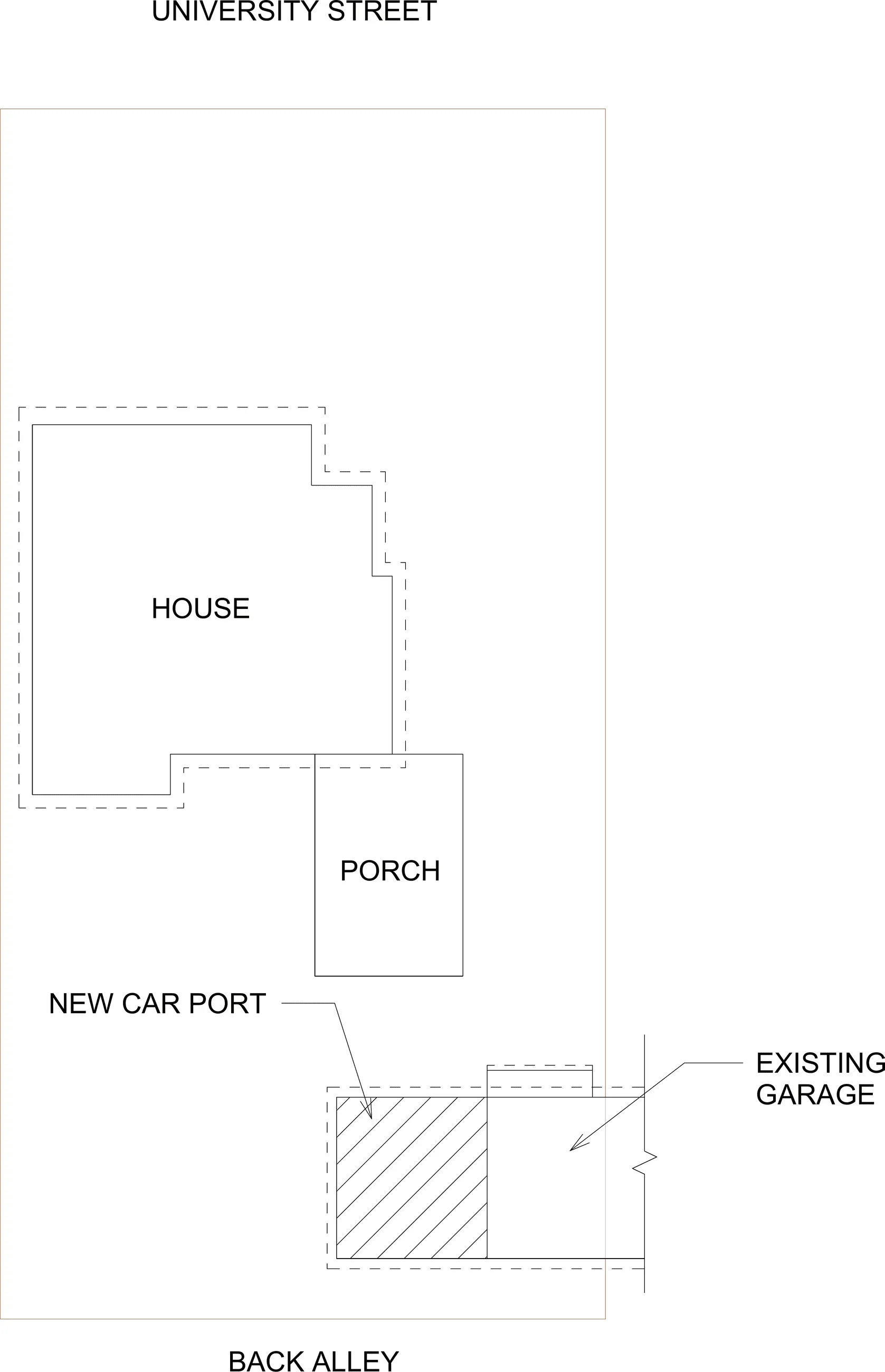 Site plan — the new carport hatched beside the existing garage, between University Street and the back alley
