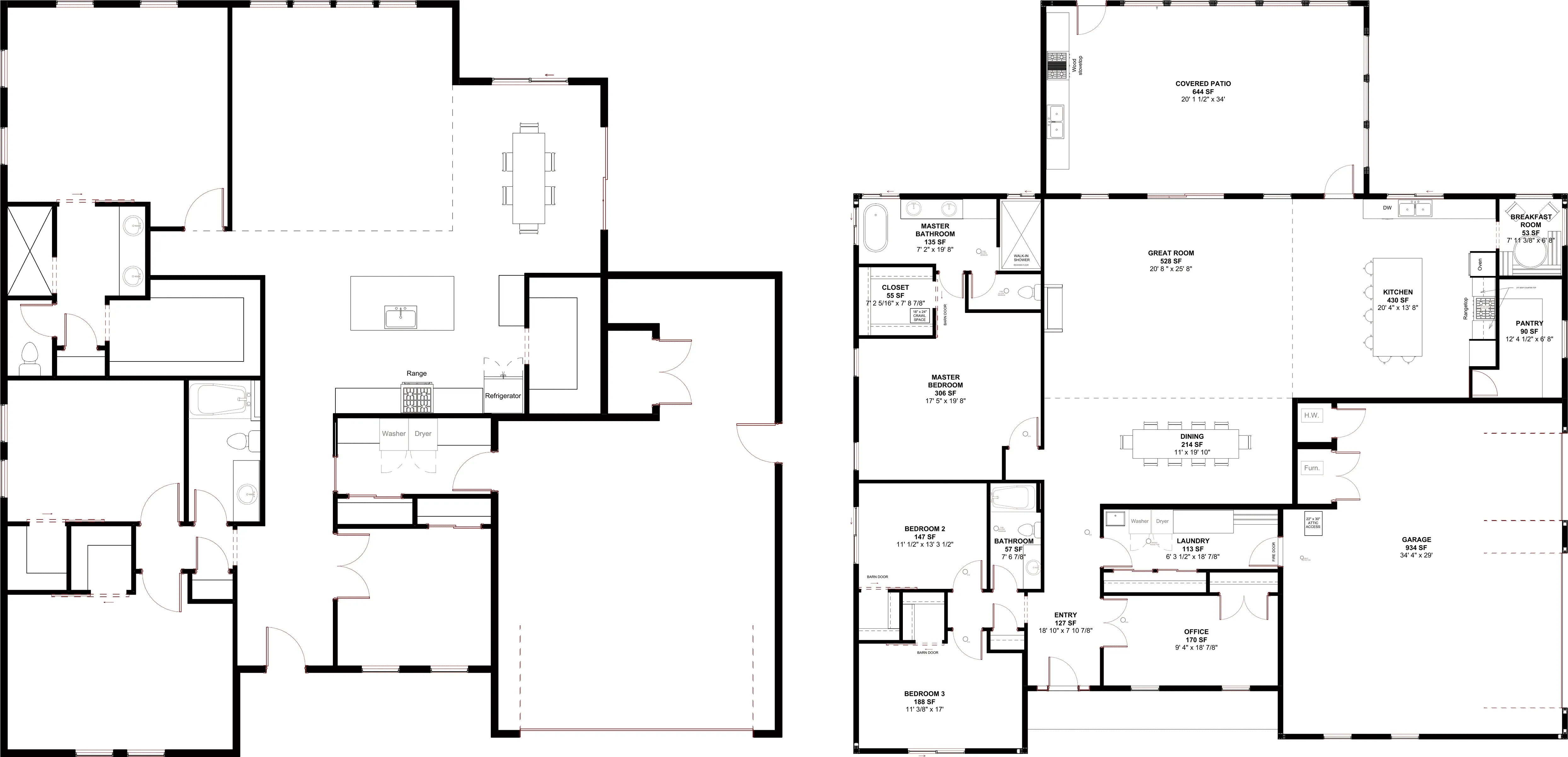 Two floor plans side by side — the original loose plan beside the final labeled plan