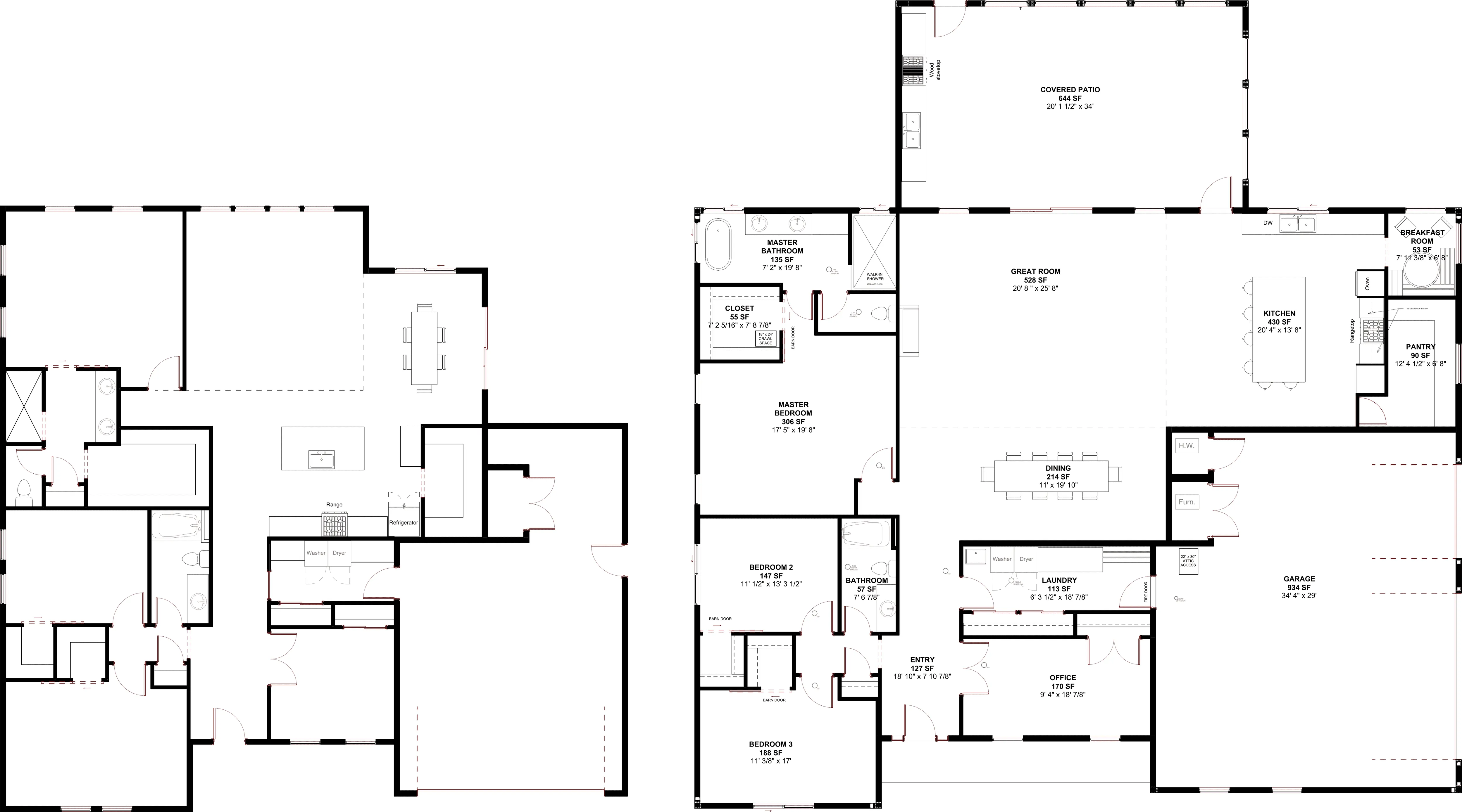 Two floor plans side by side — the original loose plan beside the final labeled plan