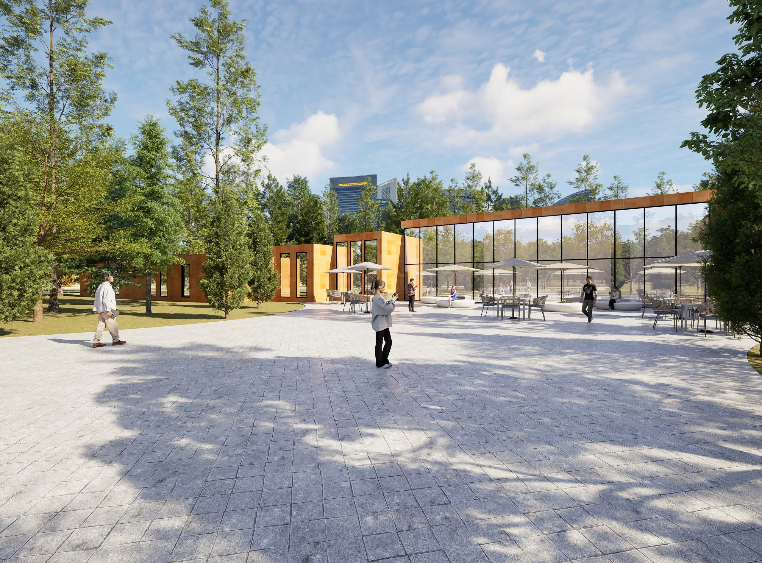 Refuge for Portland — the shared terrace between the corten volumes and the glass dining pavilion