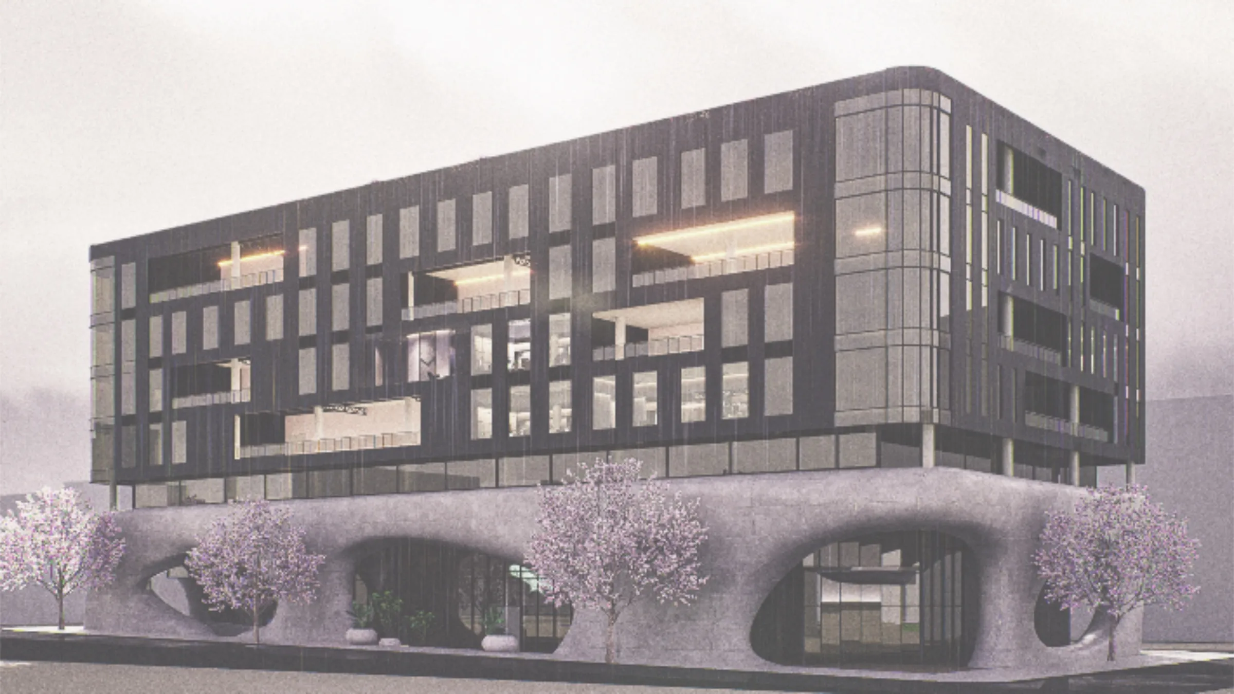 Lithos — the building at dusk in rain