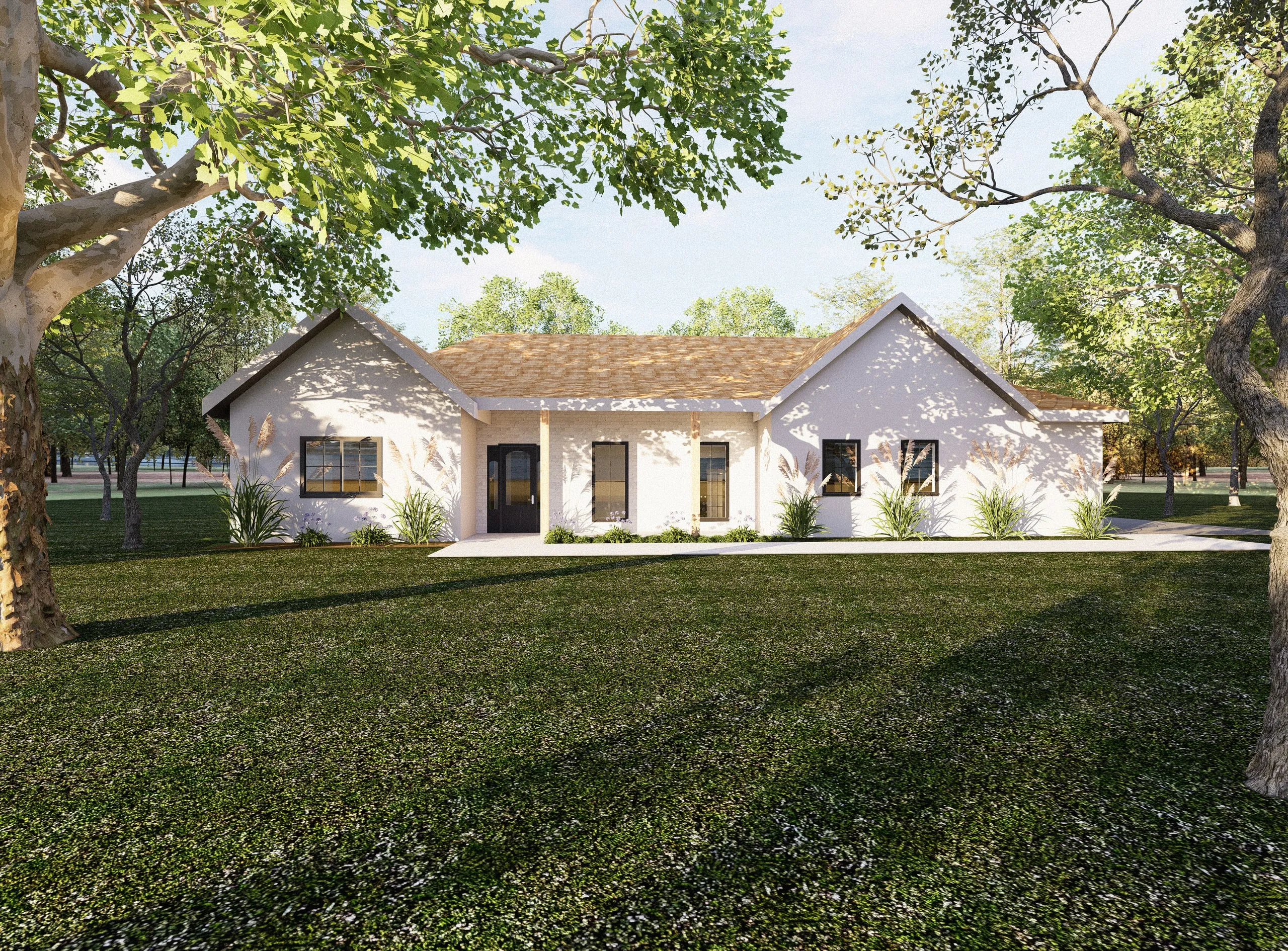 Virginia House — the two gabled wings flanking the entry porch, under the site's old trees