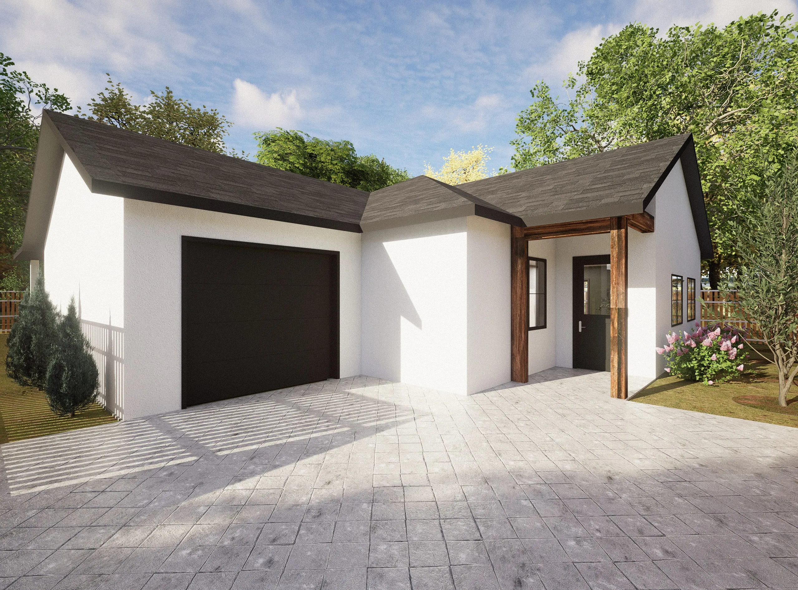The Davis St House from the drive — white volumes under a dark roof, the timber-framed entry porch facing the approach beside the garage