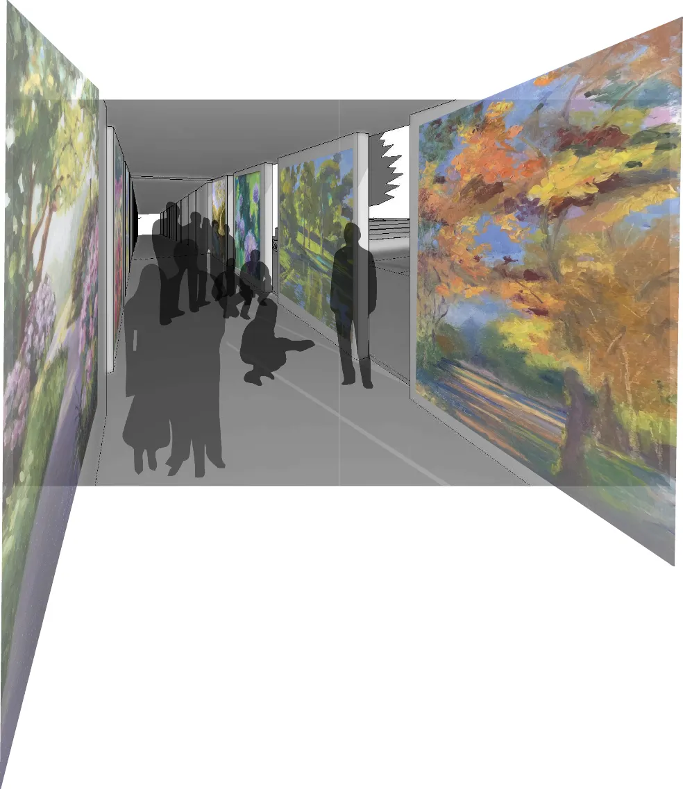 The covered art gallery walkway around the block's perimeter