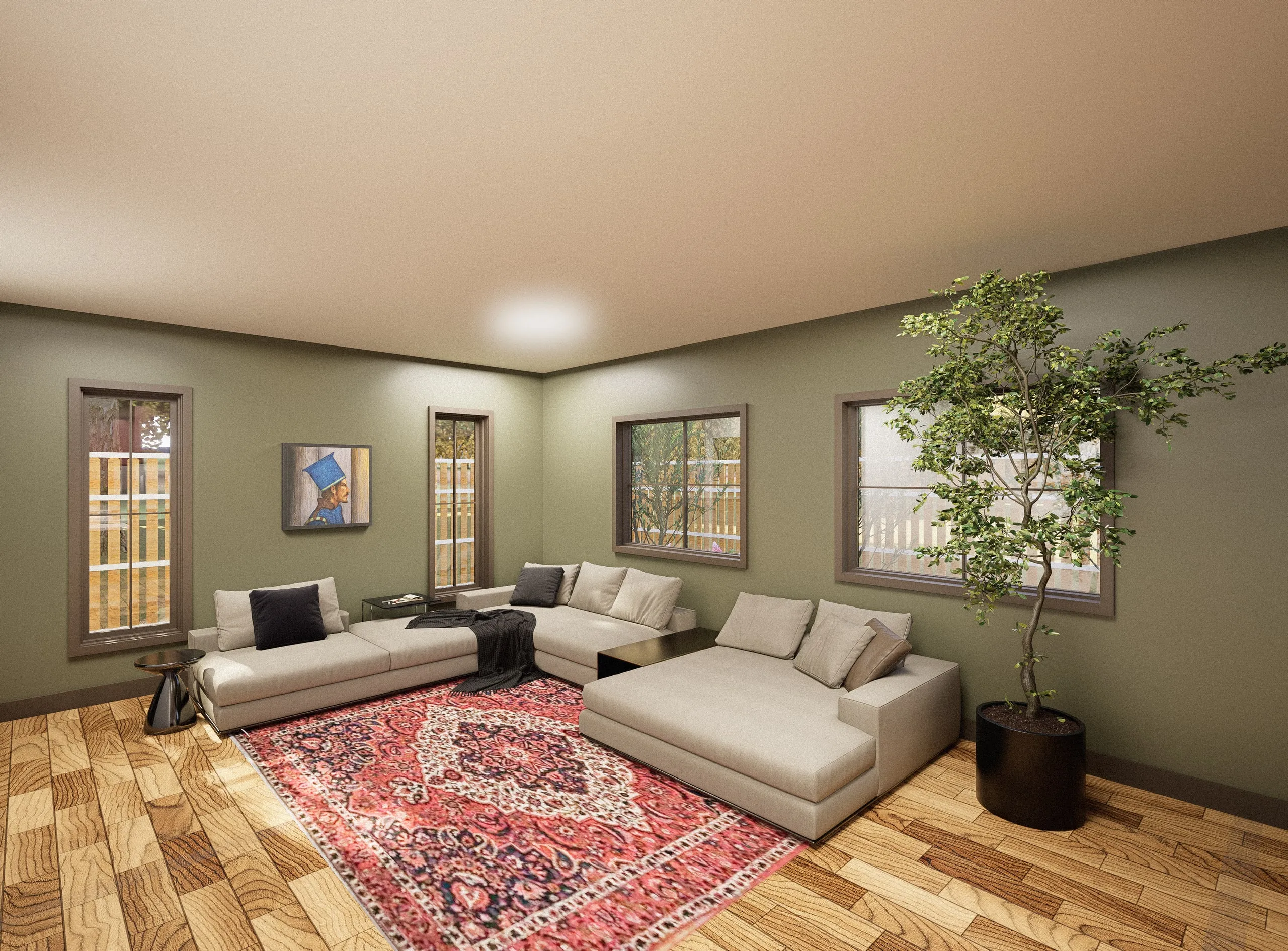 The living room — sage green walls, low sofas around a red patterned rug, a tree by the window