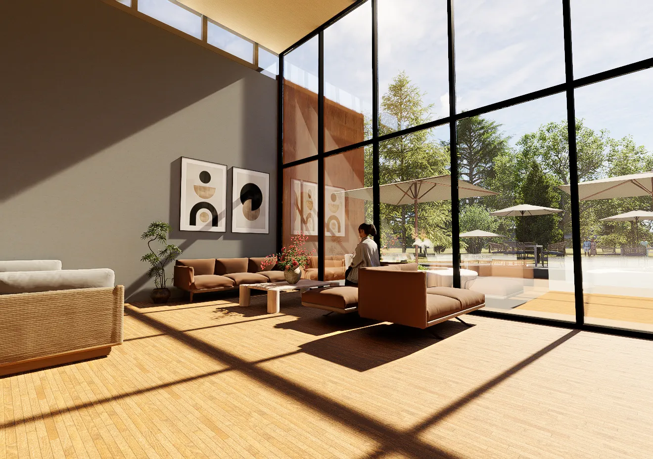 Refuge lounge — sun through the curtain wall