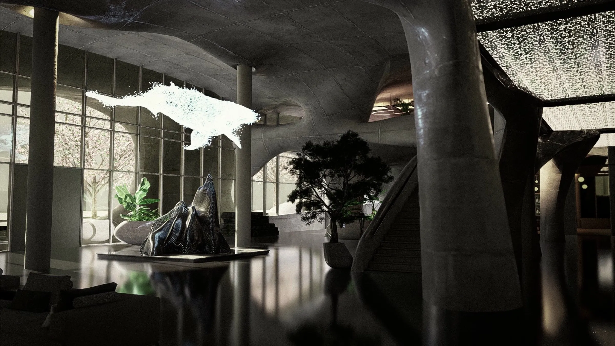 The lounge at the foot of the stair