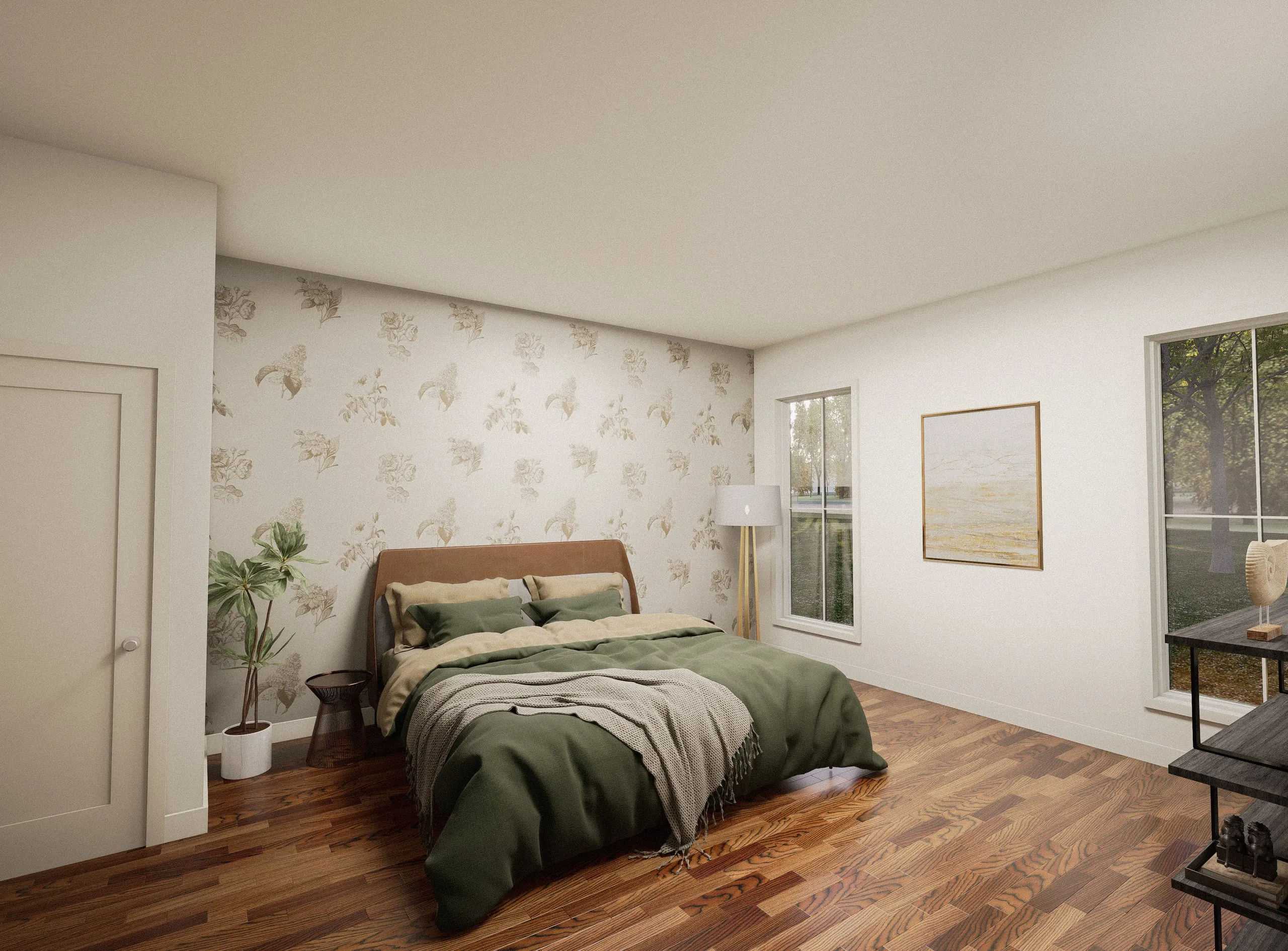 The primary suite — the bed against a papered wall, morning light through windows on two sides, warm wood floor