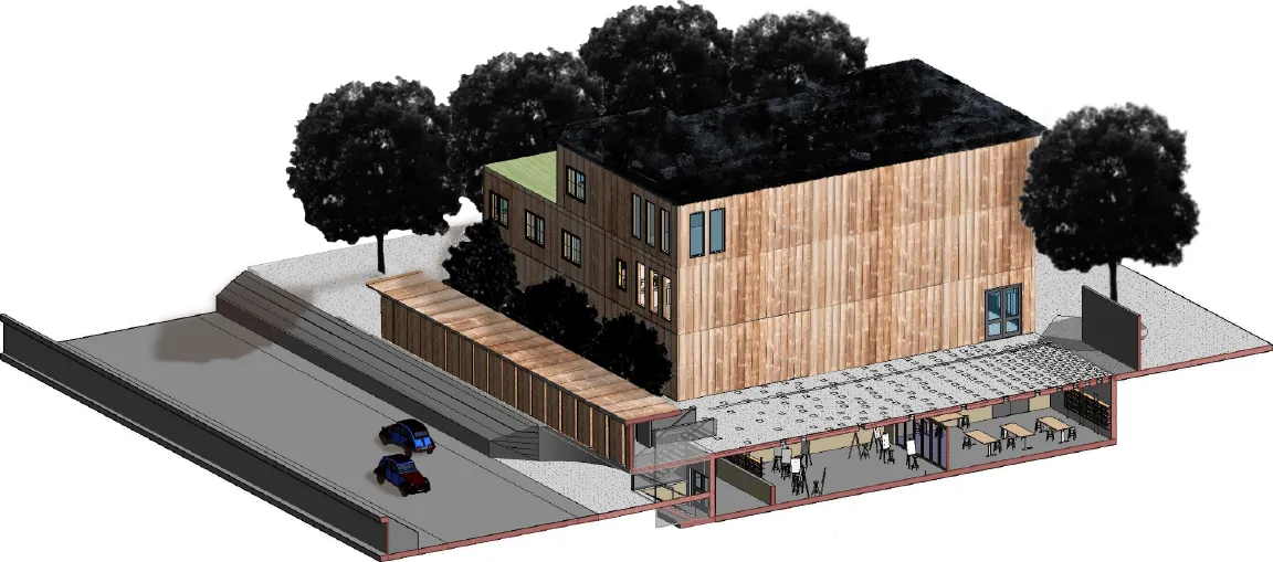 Cutaway through the block — market level below, timber volumes above